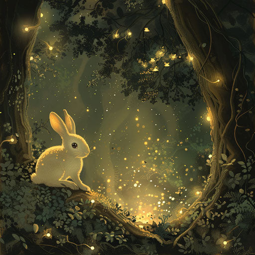 Nocturnal adventure of a rabbit illuminated by glow worms in a mystical forest