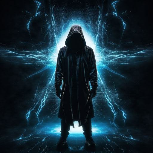 The hooded man levitating in a stark contrast of light and shadow