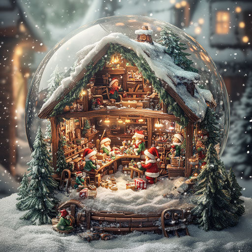 Elves' workshop in a snow globe