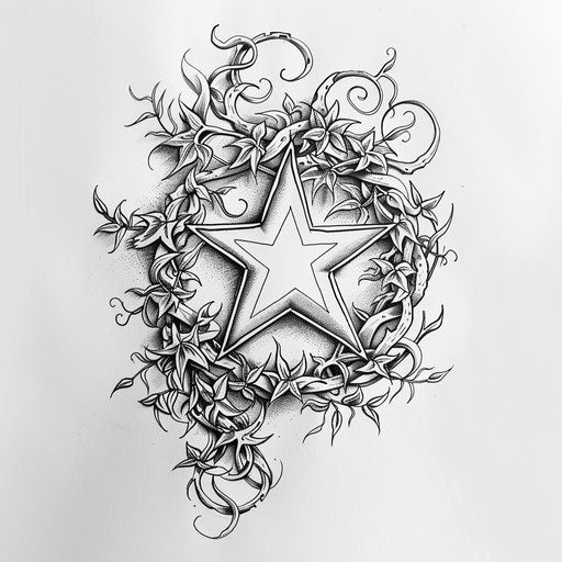 Sketch of a mystical pentagram tattoo with vines, detailed and bold