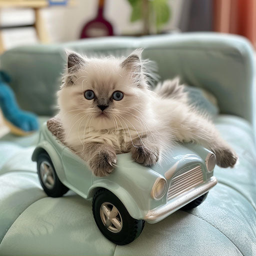 Himalayan kitten sitting in a toy car, ready for adventure