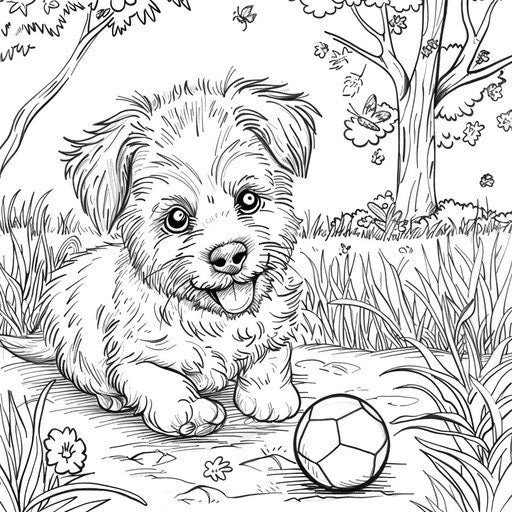 Puppy playing with a ball in the park. Coloring book page