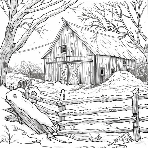 Snowy winter barn scene