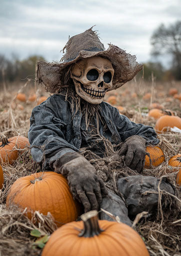 Scarecrow in a pumpkin, spooky atmosphere