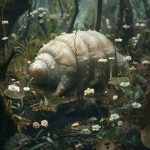Tardigrade in a surreal dreamy setting, in the style of Simen Johan