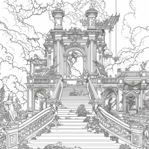 Elaborate baroque construction scene in Raqib Shaw coloring book style
