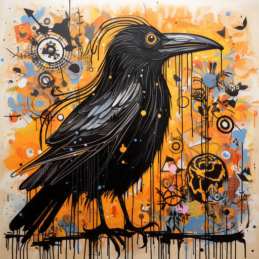 Black and white crow in neotraditional style, light black and orange