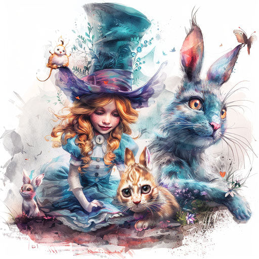 Wonderland-inspired tattoo with Alice, the Cheshire Cat, and the White Rabbit