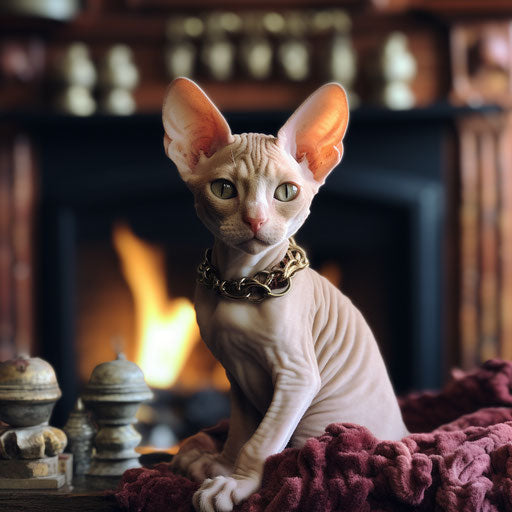 Devon rex cat in front of a fire in a fireplace