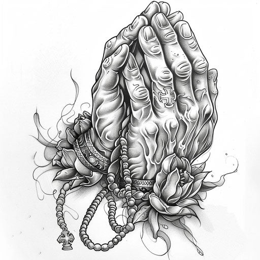 Tattoo sketch of Chicano art praying hands with rosary, intricate and detailed