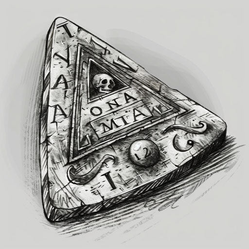 Sinister ouija board planchette, eerie tattoo on white canvas