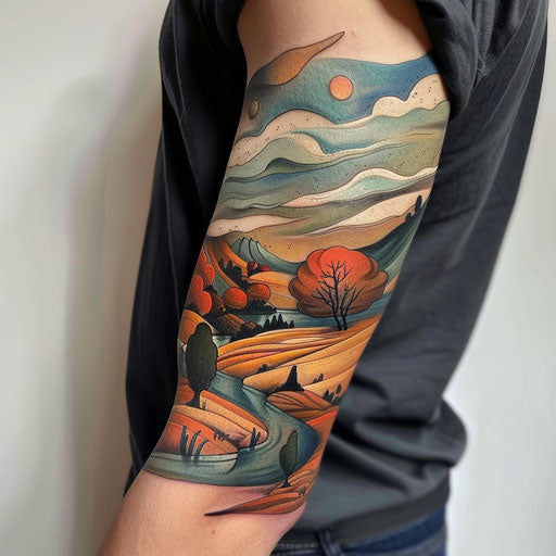 Elbow tattoo of a surreal landscape, David Palumbo style