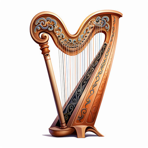 Artistic representation of a harp in oil on white background