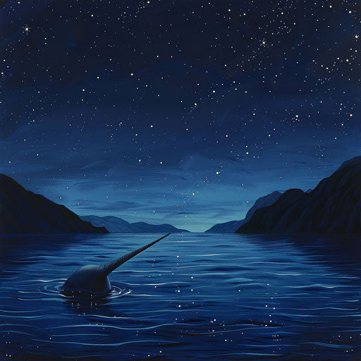 A narwhal's tusk breaking the surface of a tranquil sea, under a starry night sky