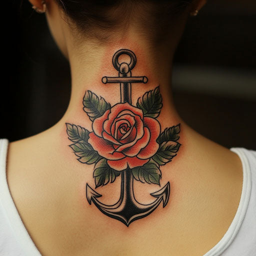 Rose neck tattoo in the style of Sailor Jerry with a rose and anchor design