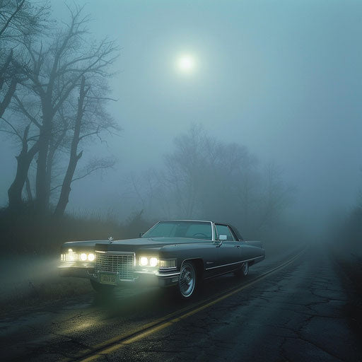 Haunted Cadillac emerging from the fog under the full moon