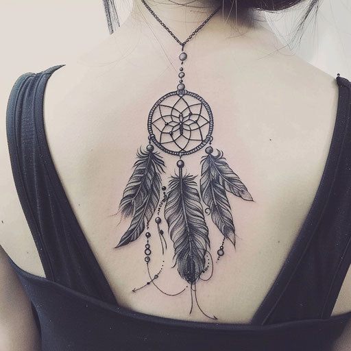 Dreamcatcher tattoo with feathers and beads on white surface