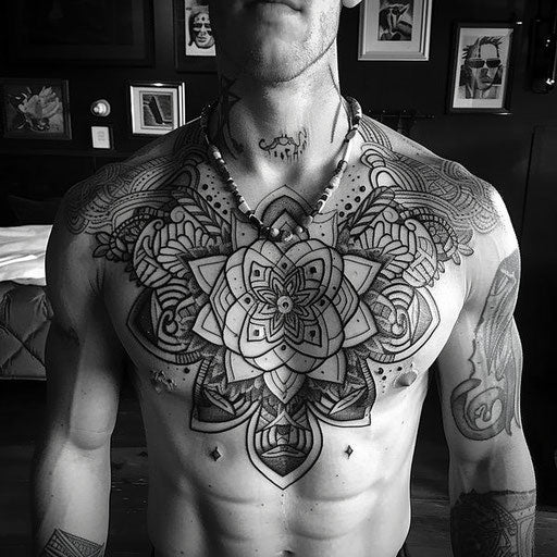 Men's chest tattoo with intricate geometric designs