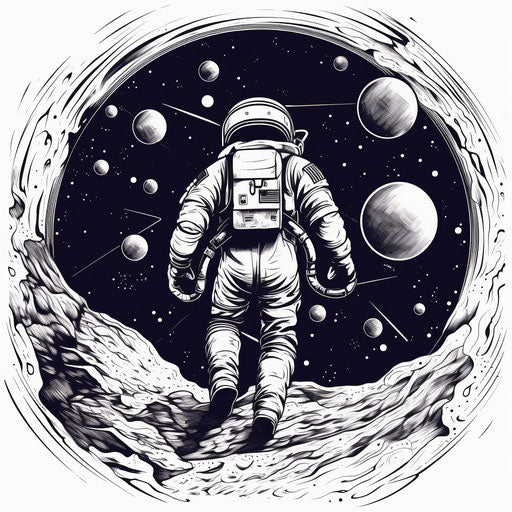 Spaceman on the moon in space, sketch illustration