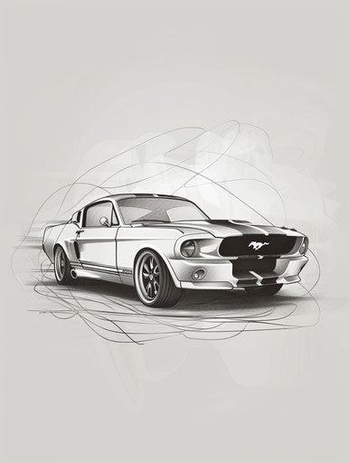 Sketch of classic mustang car, provia film style, light gray 3:4