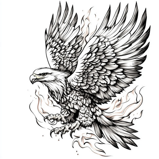 Full eagle tattoo sketch on hand with surrounding flames