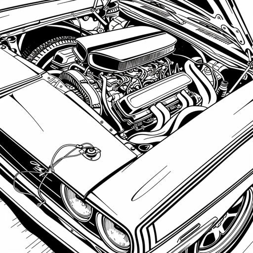 A detailed view of a muscle car with powerful engine details. Coloring book page