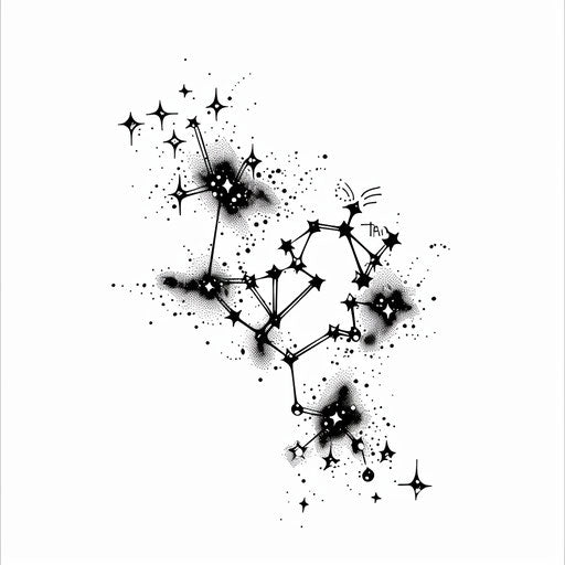 Illustration of an Orion constellation tattoo, inked in black, on white background