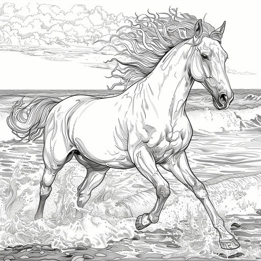 Wild horse galloping on a beach with waves crashing. Coloring book page