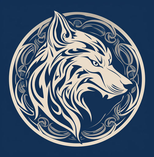 Howling wolf with blue tribal motifs in a circle