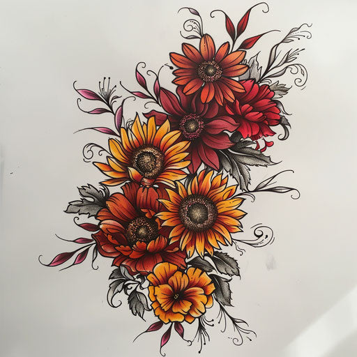 Dynamic flat tattoo sketch of a birth flower bouquet with swirling marigolds and sunflowers