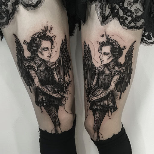 Friendship tattoos inspired by Gerald Brom with gothic, ethereal figures