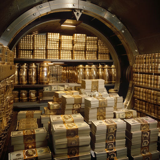 Traditional vault filled with stacks of money and gold bars