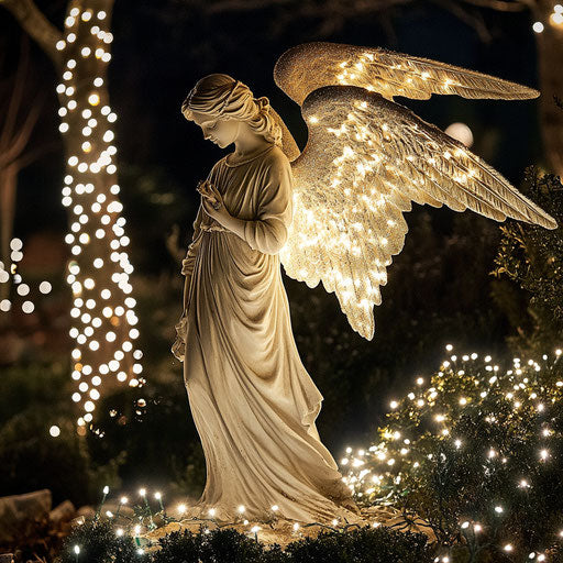 Majestic angel statue in a moonlit garden