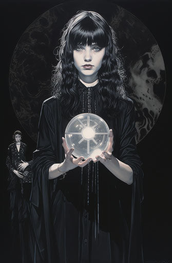 Psychedelic design: girl, mother, crystal ball, tattoo motifs