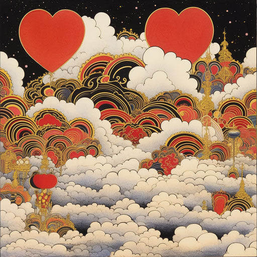 Japanese clouds and red hearts with gold rim in black on white
