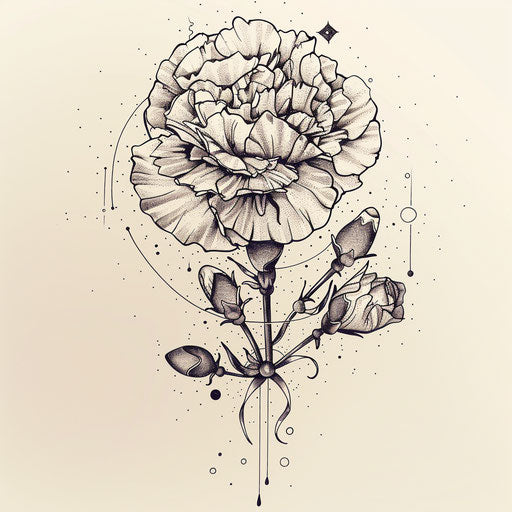 Surreal carnation tattoo merging with cosmic elements