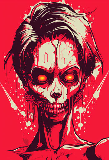 Creepy scary horror girl zombie head on red background