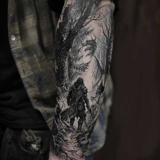 Epic fantasy arm tattoo in Gerald Brom style