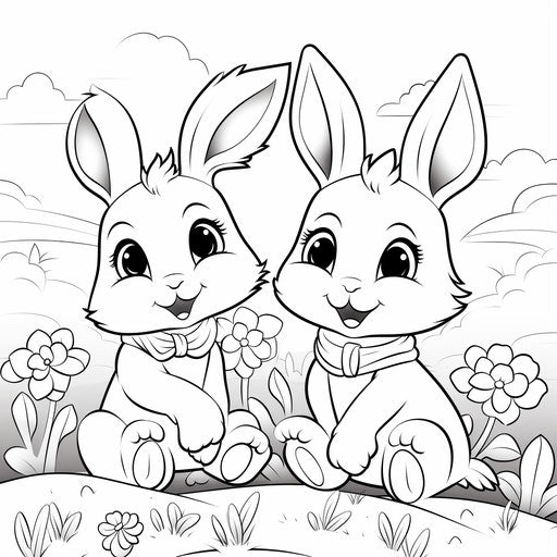 Two bunnies in the field coloring cute and colorful pages