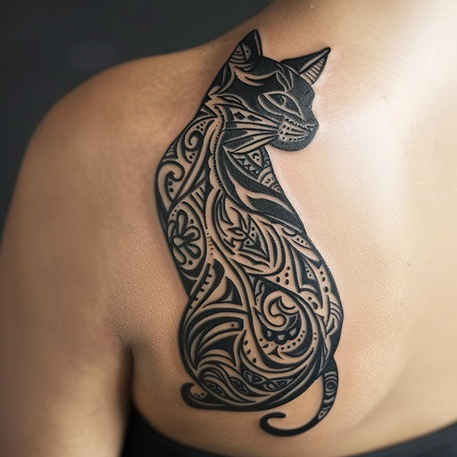 Black cat tattoo with tribal patterns
