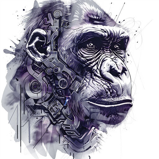 Biomechanical gorilla tattoo art, merging organic and mechanical elements