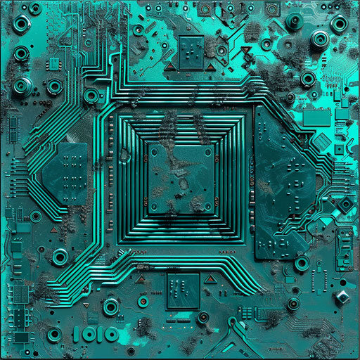 Realistic CPU artwork with flat teal background