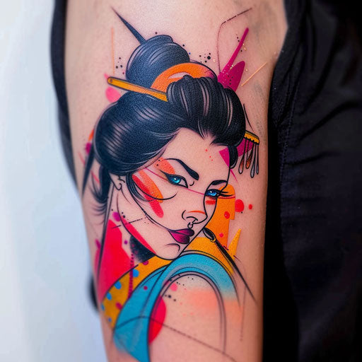 Neon pop art geisha tattoo, vibrant colors and bold outlines