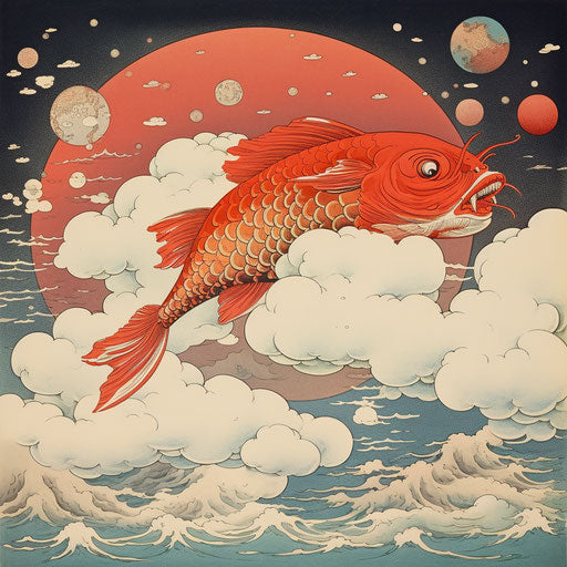 Clouds in the sky, neo-traditional Japanese style, whimsical and eerie animal symbolism