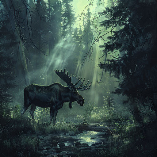 A moose caught in a beam of light in a dark enchanted forest
