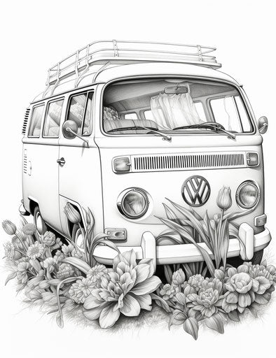 VW van adorned for summer camp, detailed and intricate pen and ink style