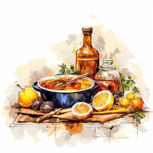 Kitchen illustration in the style of oil painting, on white background