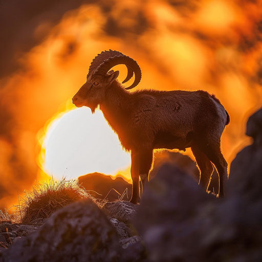Ibex against a fiery sunset, in the style of Frans Lanting