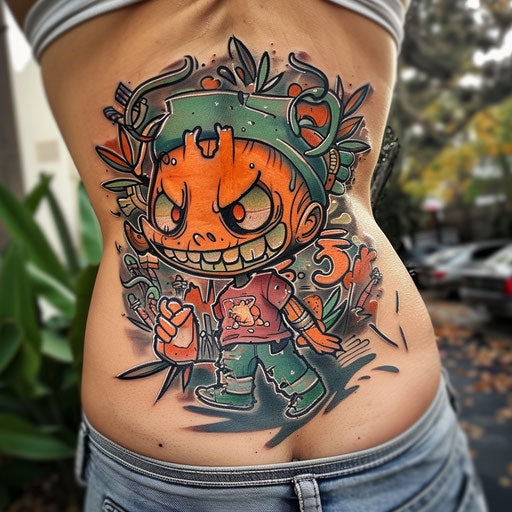 Lower back tattoo with cartoon character