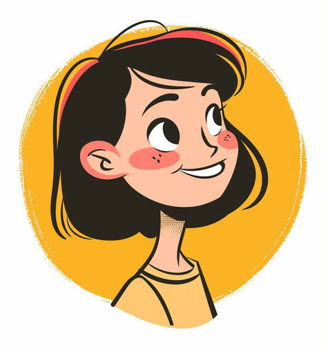 Smiling girl on white background, dark yellow and dark pink style